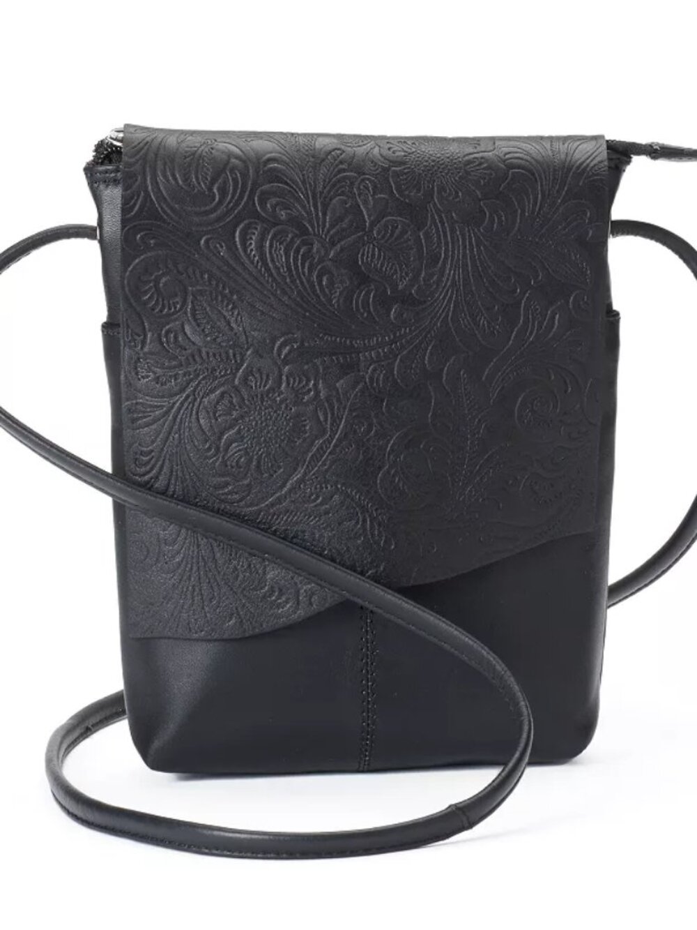 ili RFID-Blocking Floral Embossed Black Leather Flap Crossbody Bag